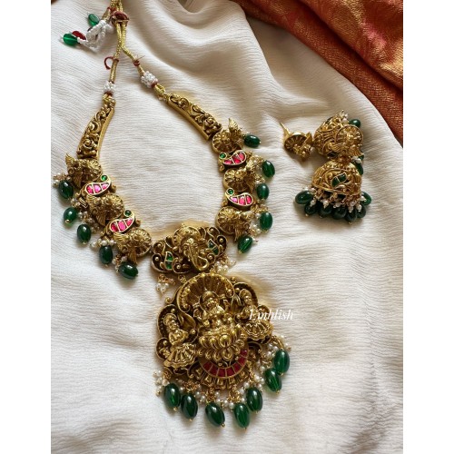 Kundan Jadau Lakshmi Ganesha with 3d Peacock Neckpiece - Green Beads.