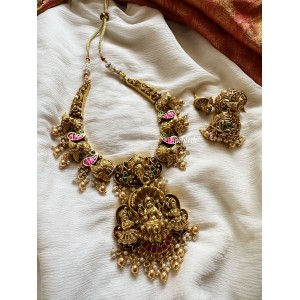Kundan Jadau Lakshmi Ganesha with 3d Peacock Neckpiece - Gold Beads