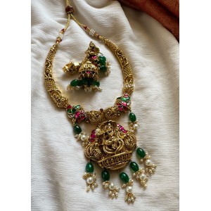 Kundan Jadau Krishna Double Haathi hasli Neckpiece - Green Beads