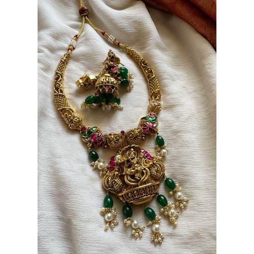 Kundan Jadau Krishna Double Haathi hasli Neckpiece - Green Beads