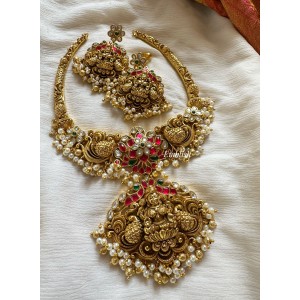 KUNDAN JADAU LAKSHMI WITH DOUBLE PEACOCK FLOWER HASLI NECKPIECE -  GOLD BEADS