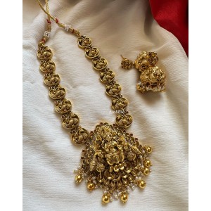 Lakshmi with Peacock Intricate Short Neckpiece - Gold Beads