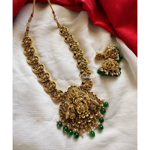 Lakshmi with Peacock Intricate Short Neckpiece - Green Beads