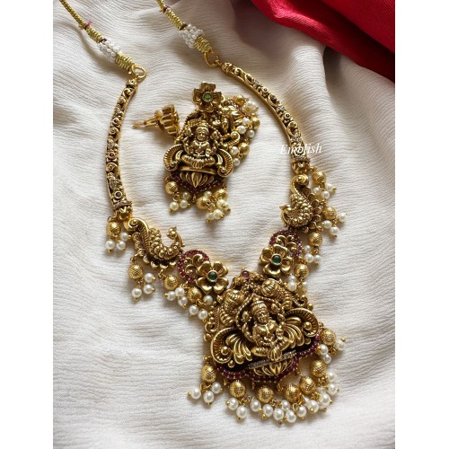 Antique Lakshmi with double Peacock Flower Hasli Neckpiece