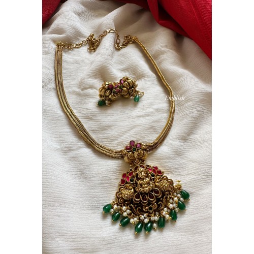 Kundan Jadau Lakshmi Pendant Neckpiece - Green Beads.