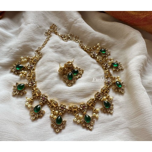 AD Haathi Flower Tear Drop short Neckpiece - Green