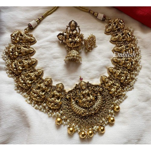 Antique Lakshmi with Peacock Intricate Short Neckpiece - Gold Beads.