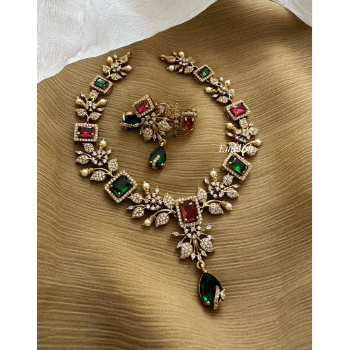 AD Designer Flower Leaf Tear Drop Neckpiece - Red with Green