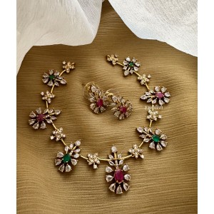 AD Double Flower Short Neckpiece - Red with Green
