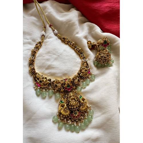 Kundan Jadau Lakshmi with 3D Peacock Neckpiece - Pastel Beads