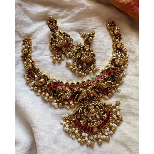 Kundan Jadau Lakshmi with 3D Peacock Short Neckpiece - Gold Beads.