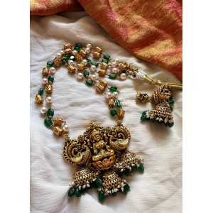 Antique Lakshmi pendant semi agate beads neckpiece - Green Beads