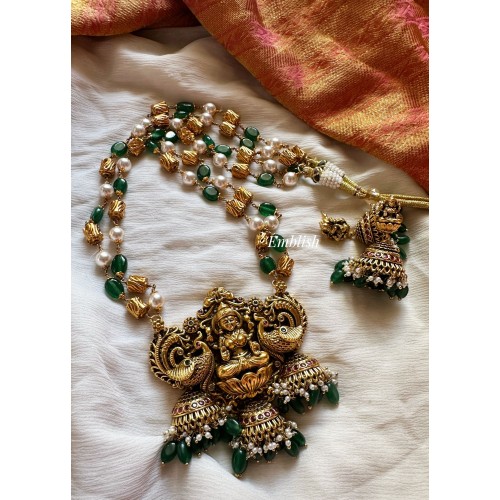 Antique Lakshmi pendant semi agate beads neckpiece - Green Beads