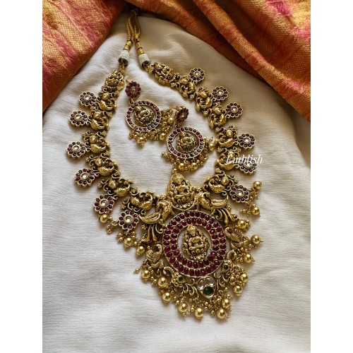 Antique Gold alike Grand Lakshmi with Peacock Short Neckpiece - Gold Beads