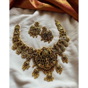 Gold alike Antique Lakshmi Peacock Neckpiece - Gold Beads
