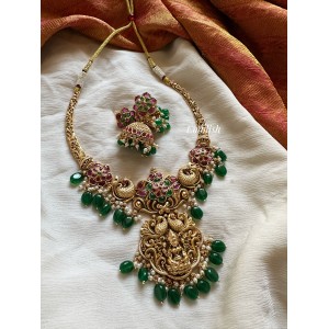 Lakshmi with Double Peacock short Neckpiece - Green Beads
