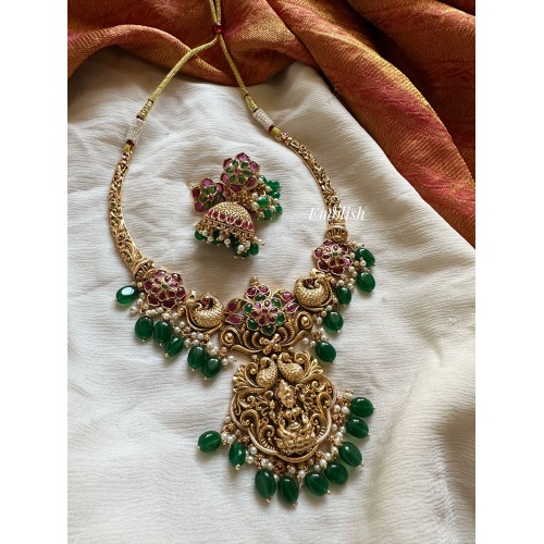 Lakshmi with Double Peacock short Neckpiece - Green Beads