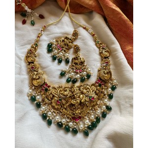 Kundan Jadau Krishna with Peacock Intricate Neckpiece - Green Beads