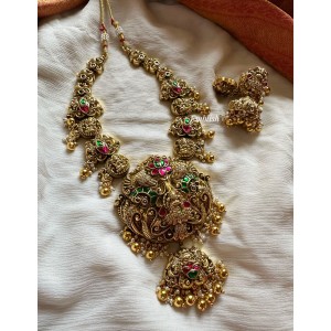 Kundan Jadau Lakshmi with Double Peacock Intricate Peacock Drop Neckpiece - Gold Beads
