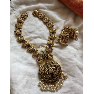 Gold alike Lakshmi with Flower Peacock Neckpiece - Pearl Beads