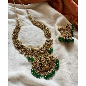 Antique Lakshmi with Double Haathi Short Neckpiece - Green Beads