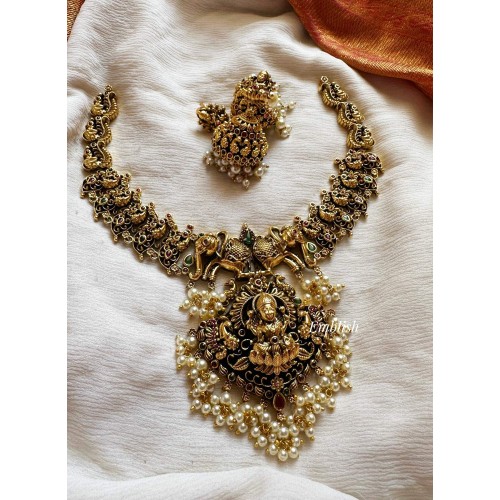 Antique Lakshmi with Double Haathi Peacock Pearl Drop Neckpiece 