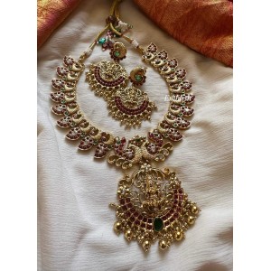 Kemp Lakshmi Flower Intricate Peacock Mango Neckpiece - Short