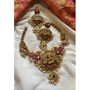 Antique Kundan Jadau Lakshmi with double peacock Flower Neckpiece - Gold Beads