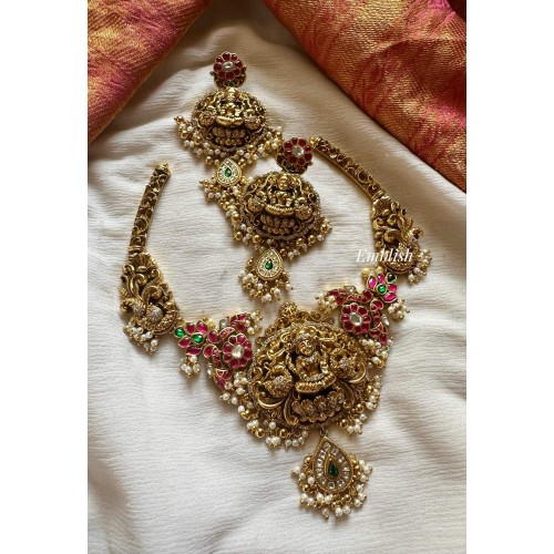 Antique Kundan Jadau Lakshmi with double peacock Flower Neckpiece - Gold Beads