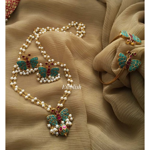 Kundan Jadau Butterfly Pearl Pendant Set with Kada - Turquoise Blue