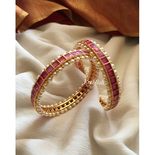 AD Stone Pearl studded Square Bangles - Red