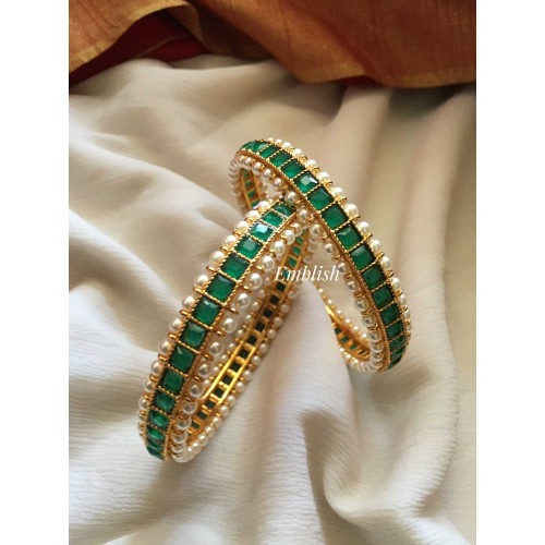 AD Stone Pearl studded Square Bangles - Green