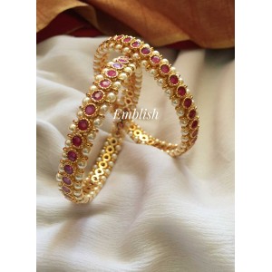 AD Stone Pearl studded Circle Bangles - Red