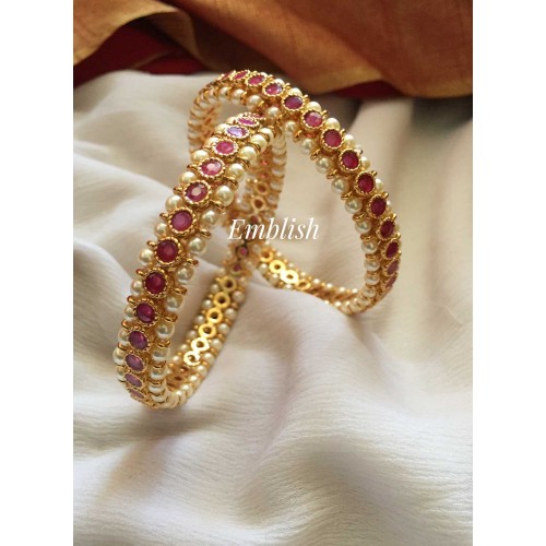 AD Stone Pearl studded Circle Bangles - Red