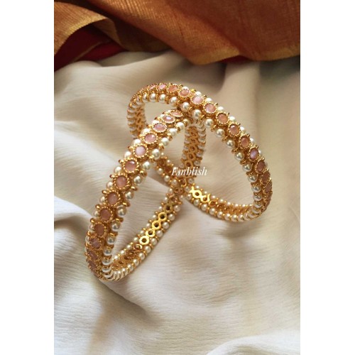 AD Stone Pearl studded Circle Bangles -Baby Pink