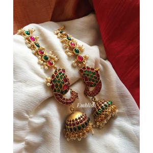 Peacock kemp vintage style jhumka with ear chain 