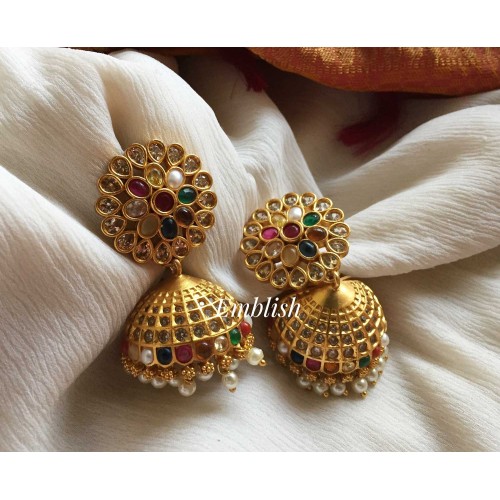 Navrathna stones flower jhumka 