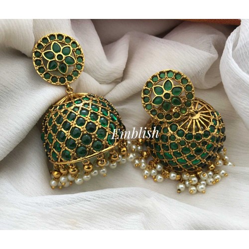 Green stone big round jhumka