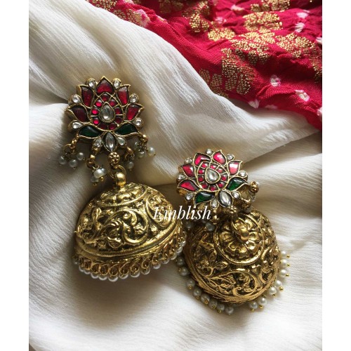 Antique kundan jaadu jhumka -Red with green 