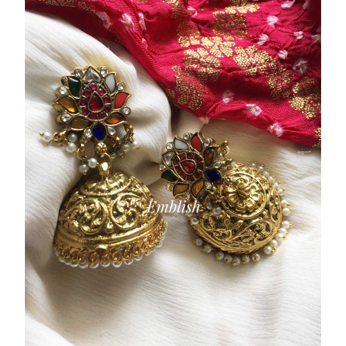 Antique kundan jaadu jhumka - Multi colour 