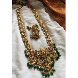 Antique Gold alike Lakshmi Double Peacock Neckpiece - Green Beads