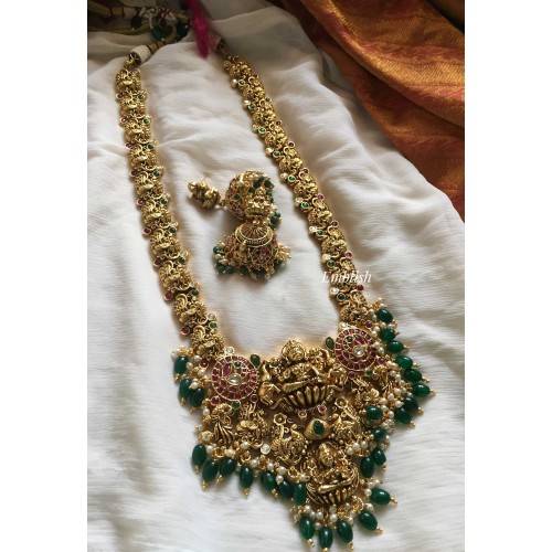 Antique Gold alike Lakshmi Double Peacock Neckpiece - Green Beads
