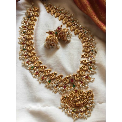 Lakshmi with Double Peacock Rice Pearl Long Neckpiece