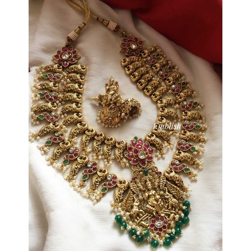 Antique Gold alike Gaja Lakshmi with Peacock Layer Haram - Green Beads Red