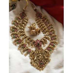 Antique Gold alike Gaja Lakshmi with Peacock Layer Haram - Red with Green