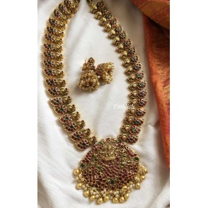Gold alike Lakshmi with double peacock Kemp stone Long neckpiece