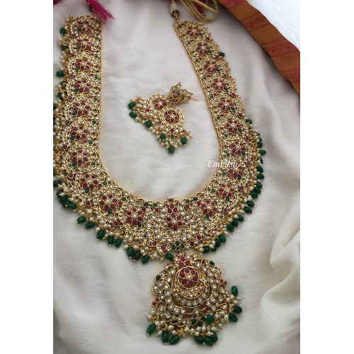 Kemp Flower Intricate work Long Neckpiece - Green Beads.