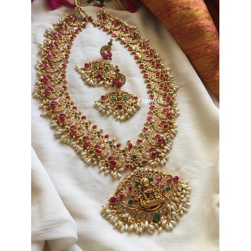 Antique Matt finish Lakshmi Kemp stone Cut Work with Rice pearls Long Neckpiece