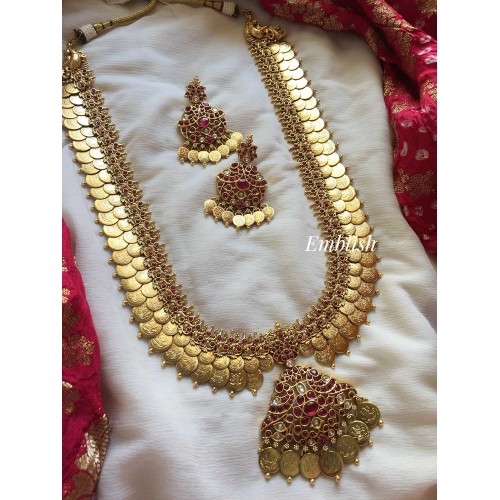 Gold alike Kemp Lakshmi Coin Layer Short Long Neckpiece. - Red