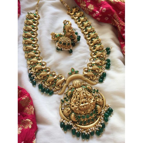 Gold alike Lakshmi with Double Peacock Long Neckpiece - Green Beads.